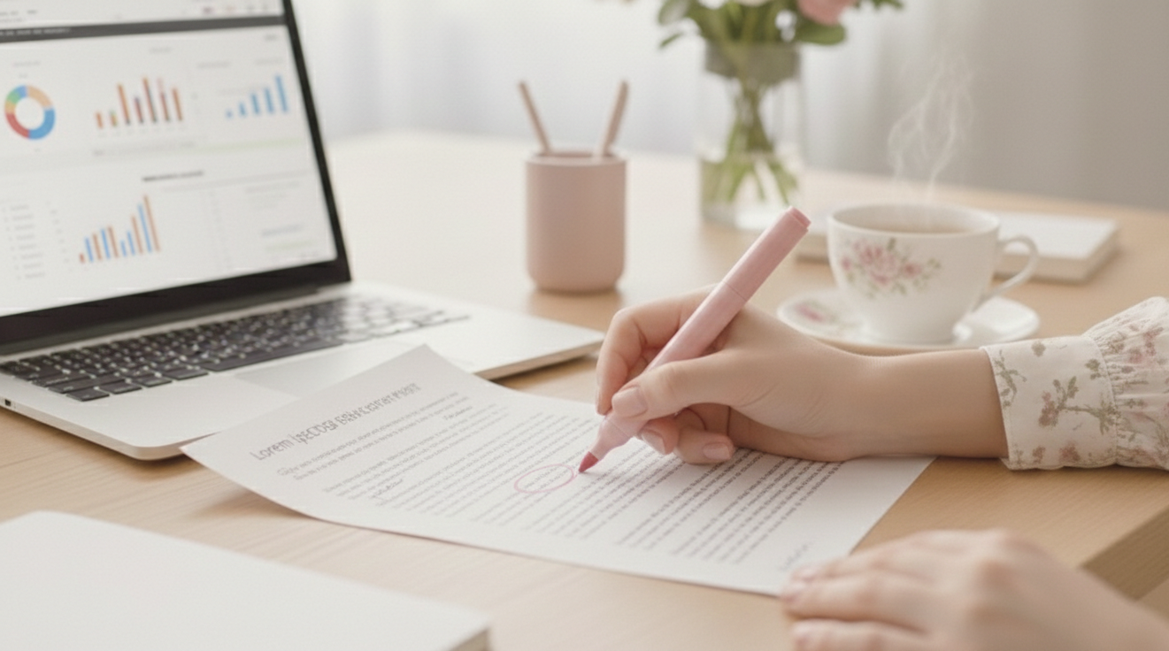 Dłoń zakreślająca błędy w tekście SEO